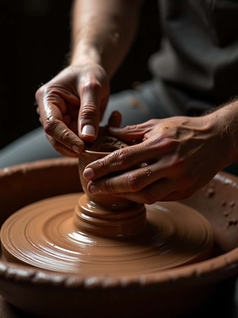 Muddy hands shaping wet clay on a spinning pottery wheel, lit against darkness