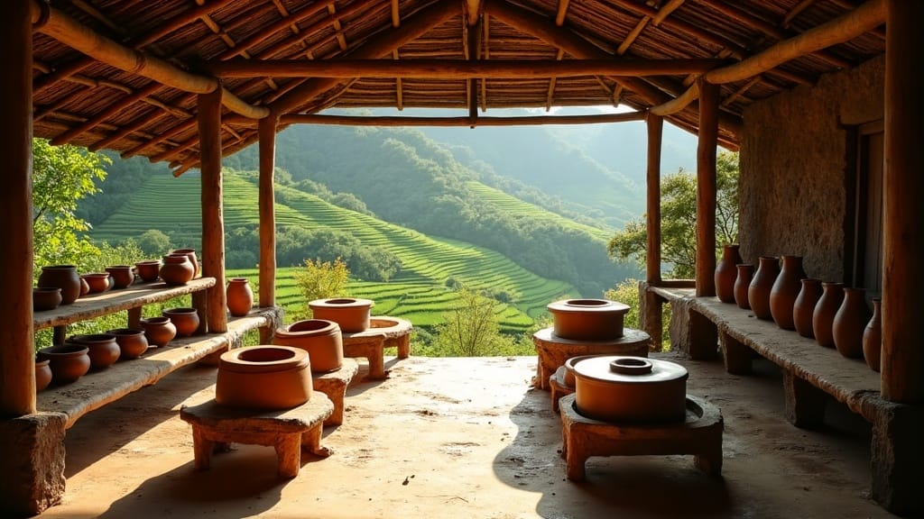 Open bamboo studio with pottery wheels, shelves of drying pots, rice terraces behind